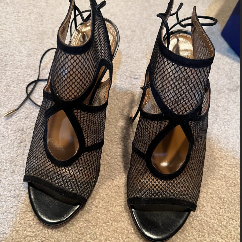 Aquazzura Black Mesh Open Toe Wedges